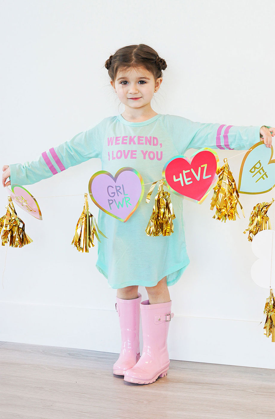 FabKids pajamas and rain boots for Valentine's Day.