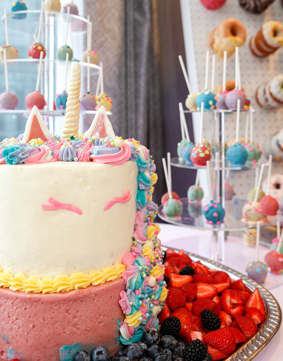 A unicorn cake for a little girl's 4th birthday party at the Swissotel in Chicago.