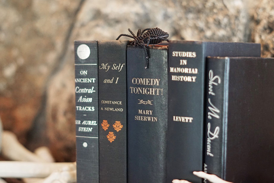 A stack of Halloween black books with a large spider.