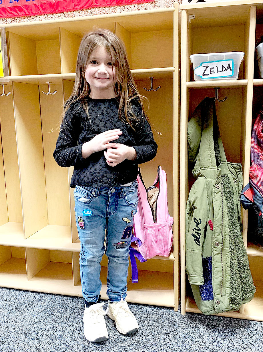 Zelda is at her first day of preschool in Aspen.