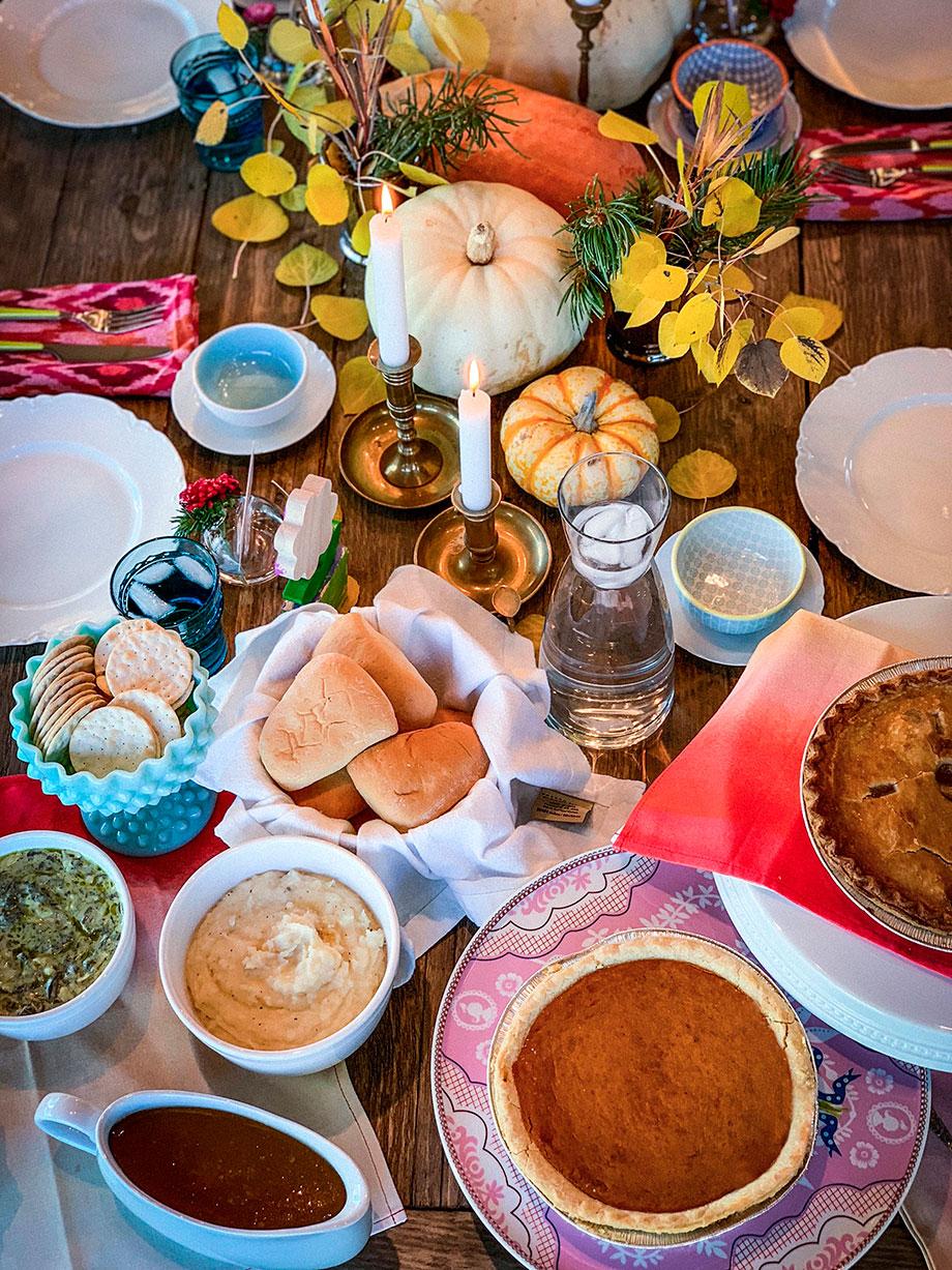 A Thanksgiving table filled with food from Boston Market. 