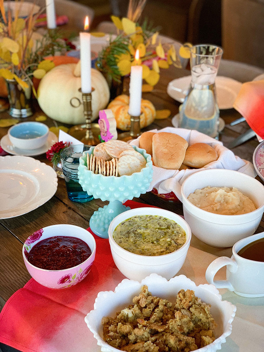 A table filled with Thanksgiving sides from Boston Market.